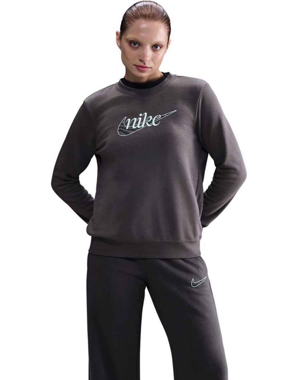 Nike Women’s Graphic Crewneck Sweatshirt Charcoal Gray Aqua Logo Size L